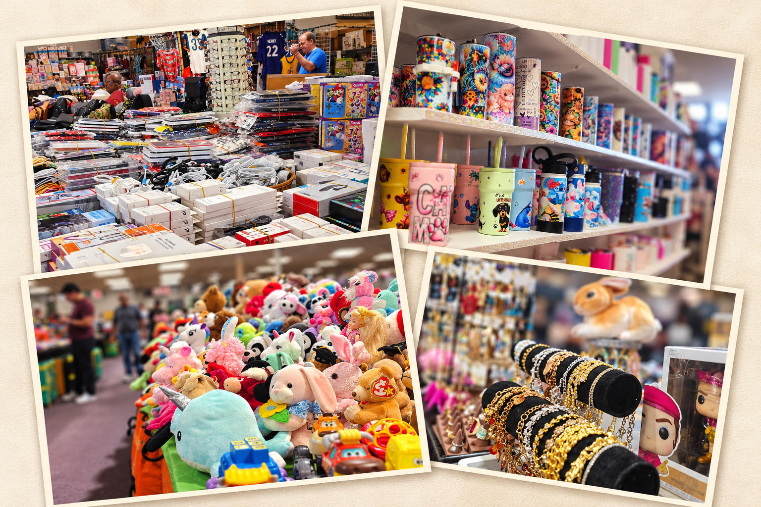 Collage of electronics, drinkware, jewelry, collectibles, and toys offered by Northpoint vendors